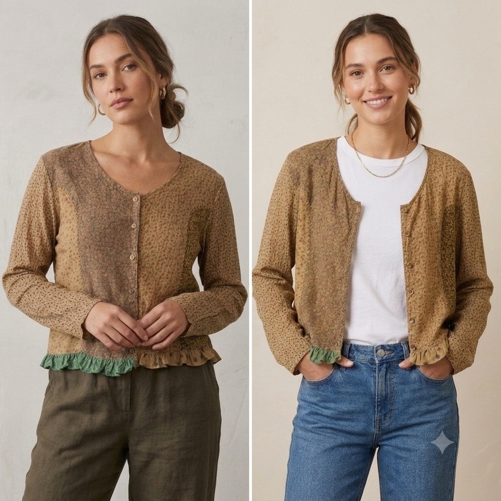 Sacred Threads Patchwork Floral Cardigan Top Boho Cottagecore Rayon M/L Grunge